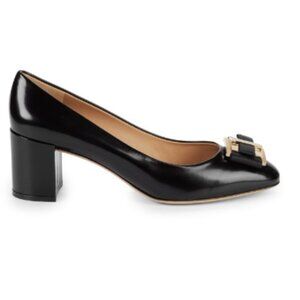 Salvatore Ferragamo Prato Block Heel Pumps bow gold ornament Size 37 2.5" heel